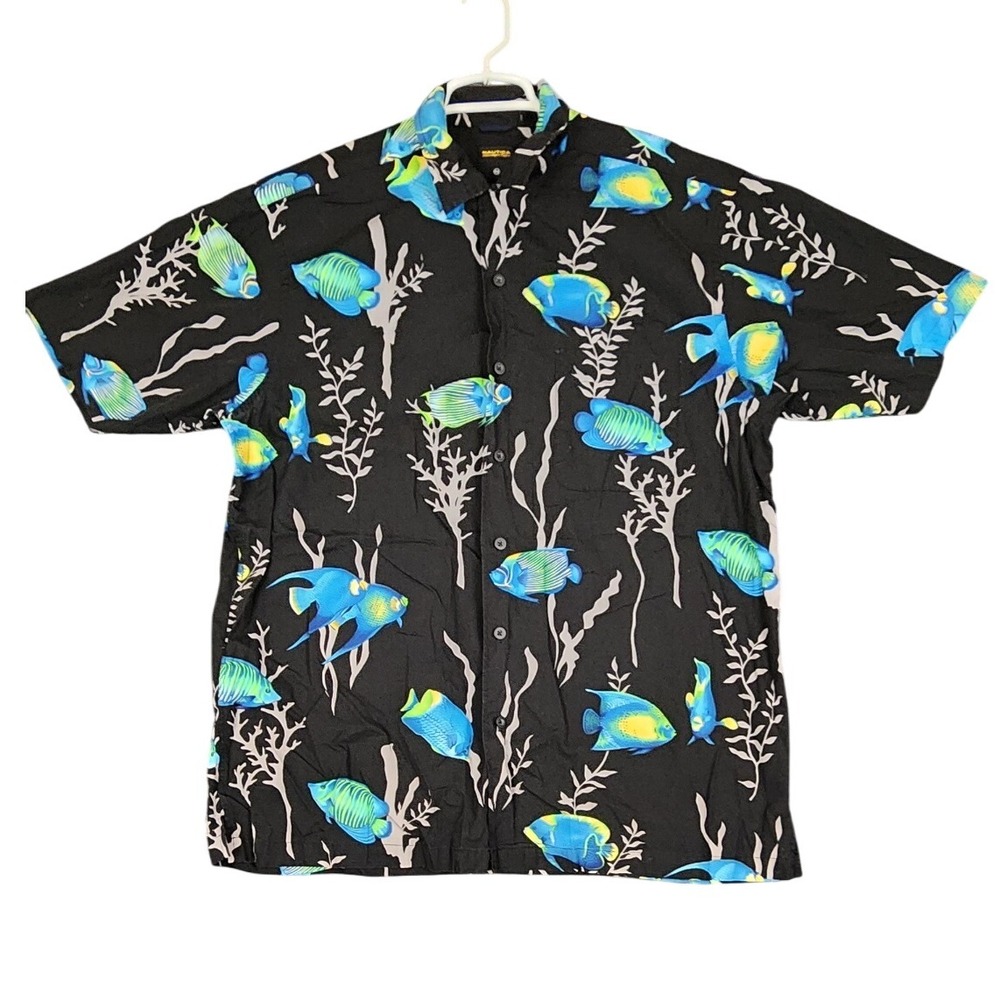 Nautica Competition Mens L Tropical Fish Print Button Up‎ Short Sleeve Shirt